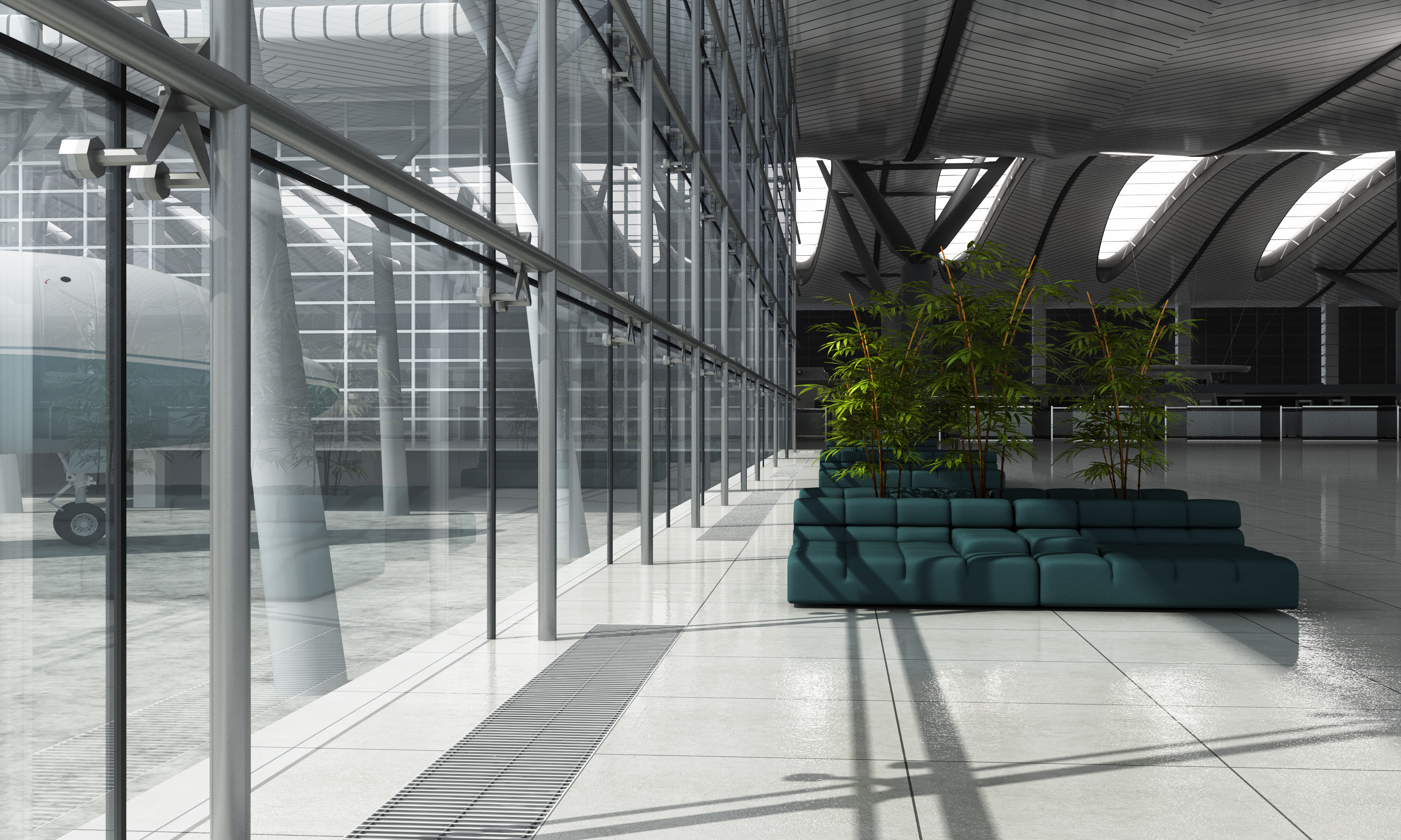Floor convector integrated along glazing in a terminal interior