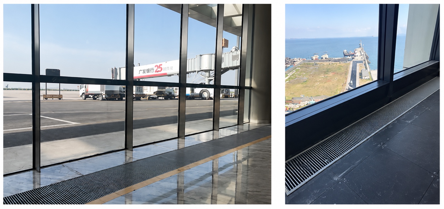 Floor convector installations beside glazed façades in airport buildings
