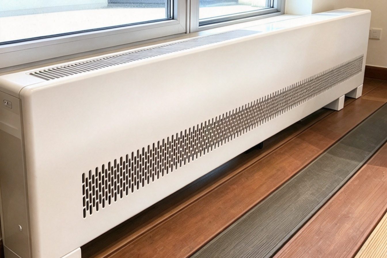 Convector installed below windows with a protective casing and top outlet grille