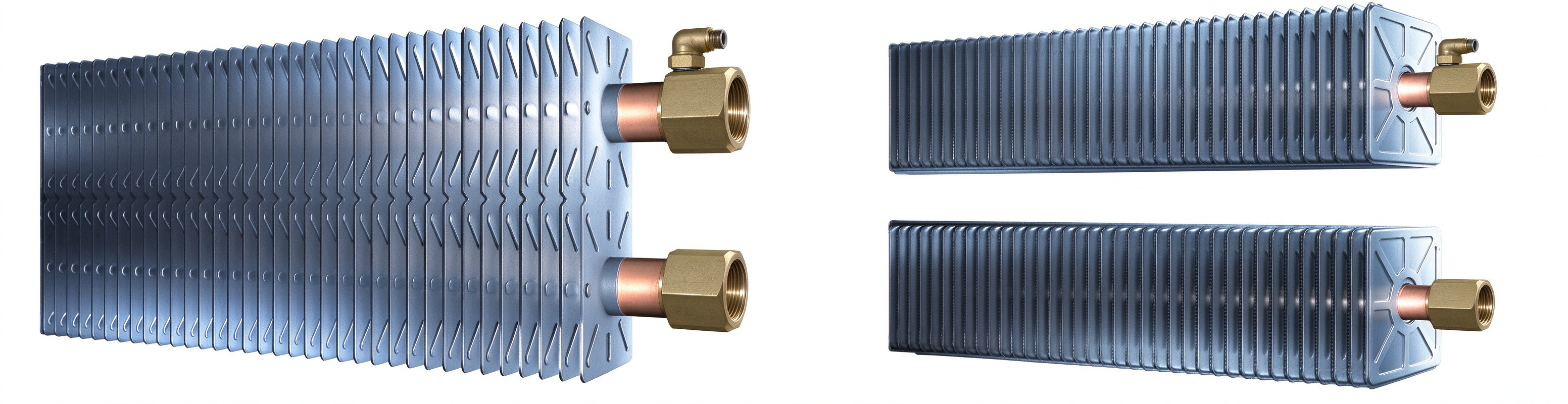 Copper-tube heat exchangers with aluminium fins and connection fittings