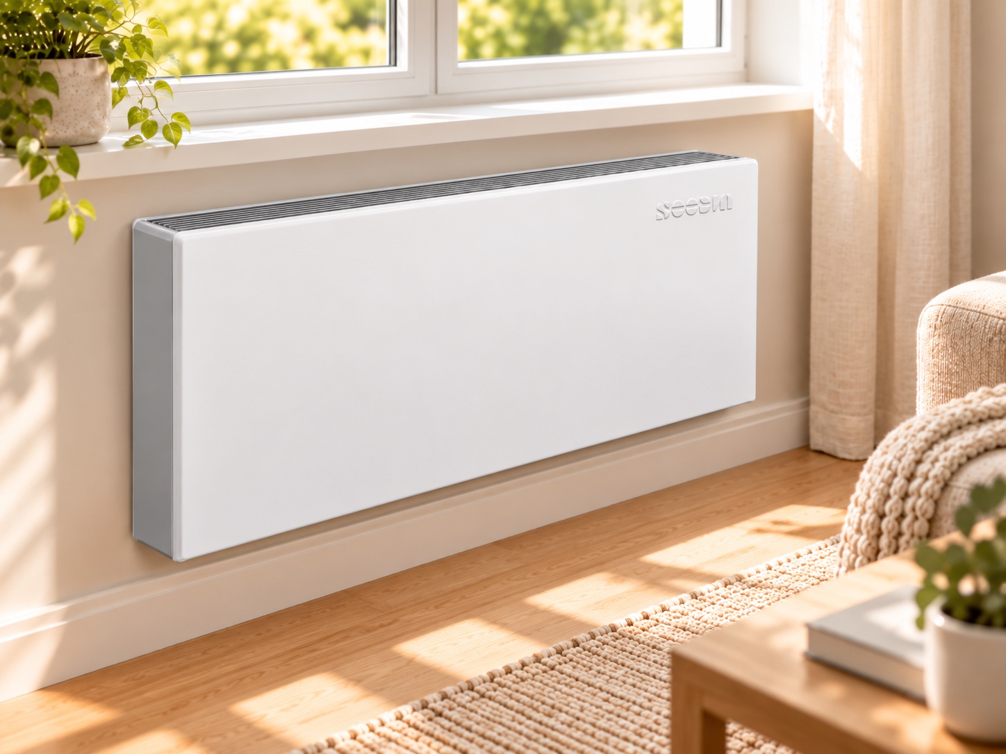 SOODIA Standard Convector installed beneath a window in a sunlit living room