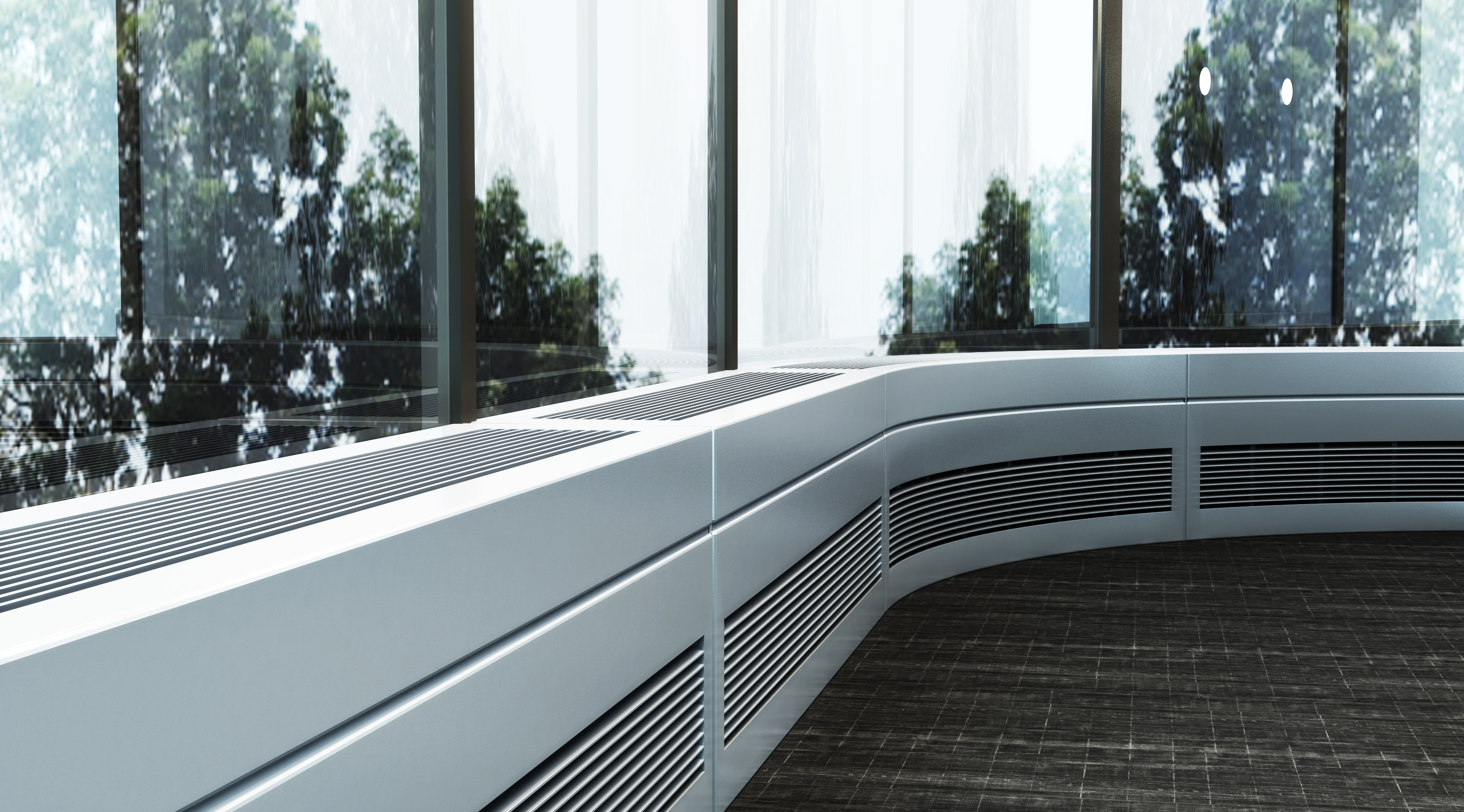 Surroundline convector following curved full-height glazing