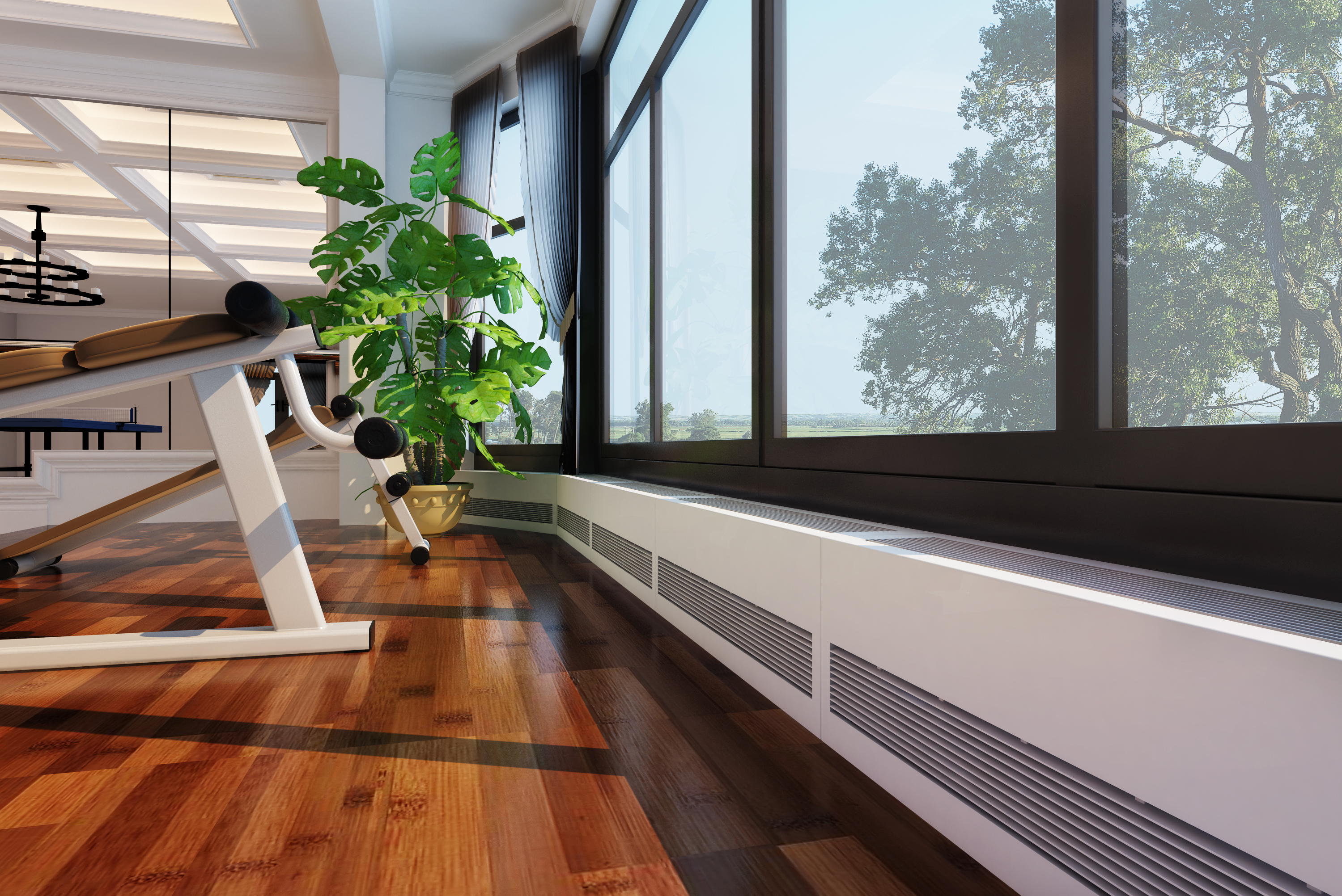 Surroundline convector along the windows of a fitness interior